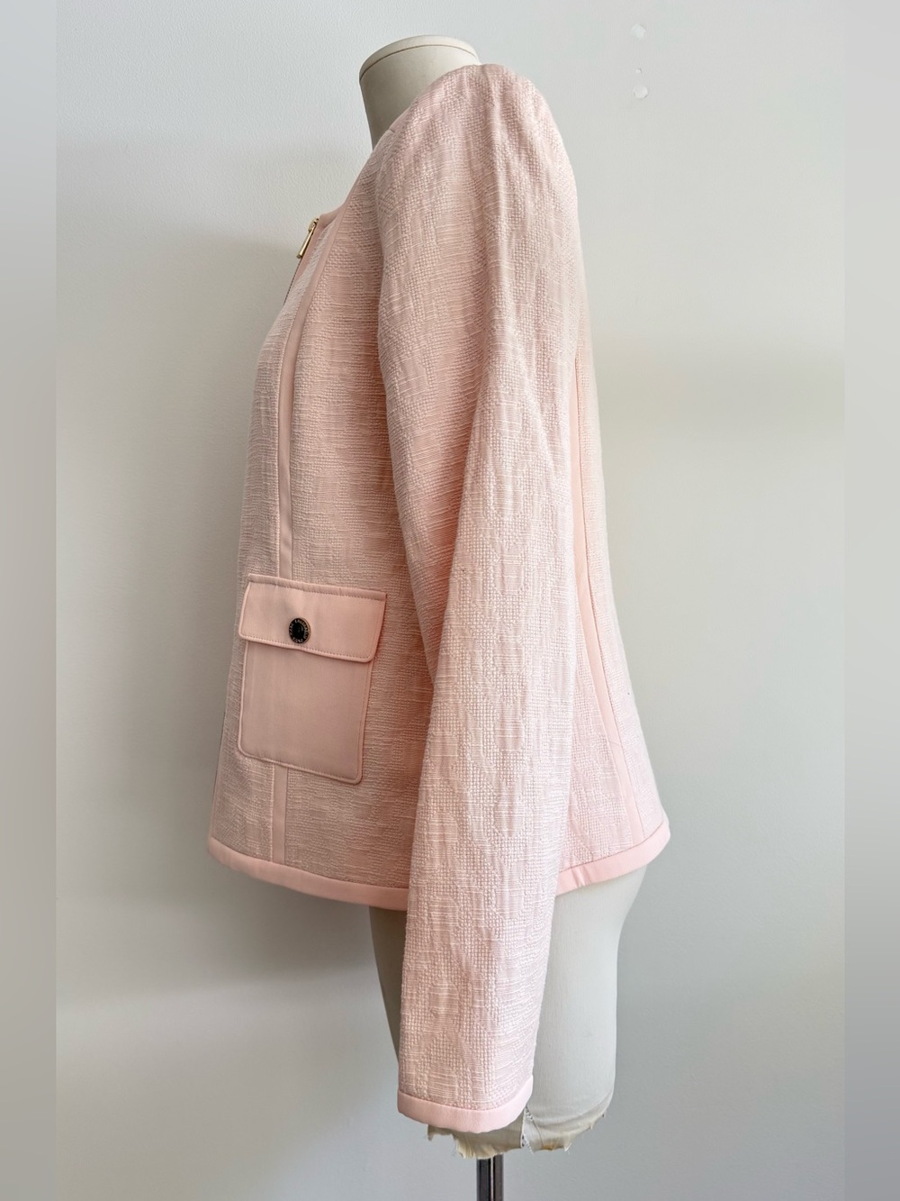 Karl Lagerfeld Paris collarless tweed jacket in Pink Blush - Picture 4 of 12